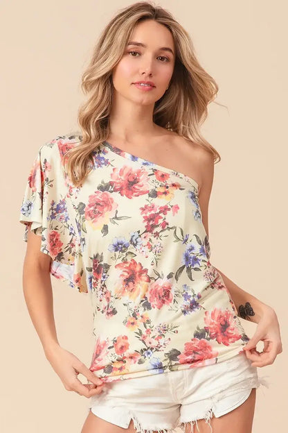 BiBi Floral Printed Jersey Knit Ruffle Sleeve Top
