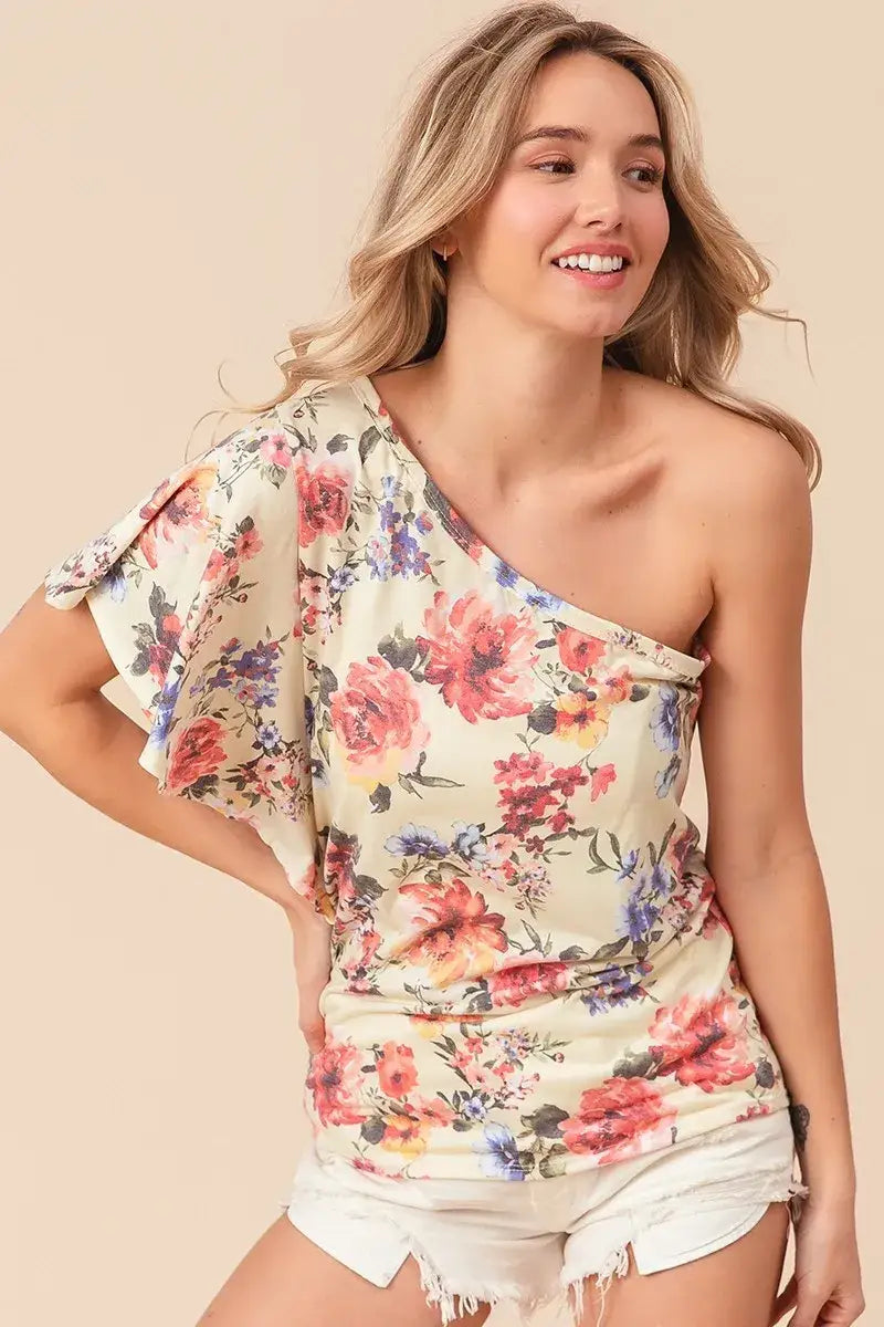 BiBi Floral Printed Jersey Knit Ruffle Sleeve Top