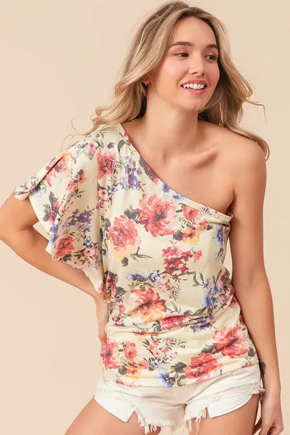 BiBi Floral Printed Jersey Knit Ruffle Sleeve Top