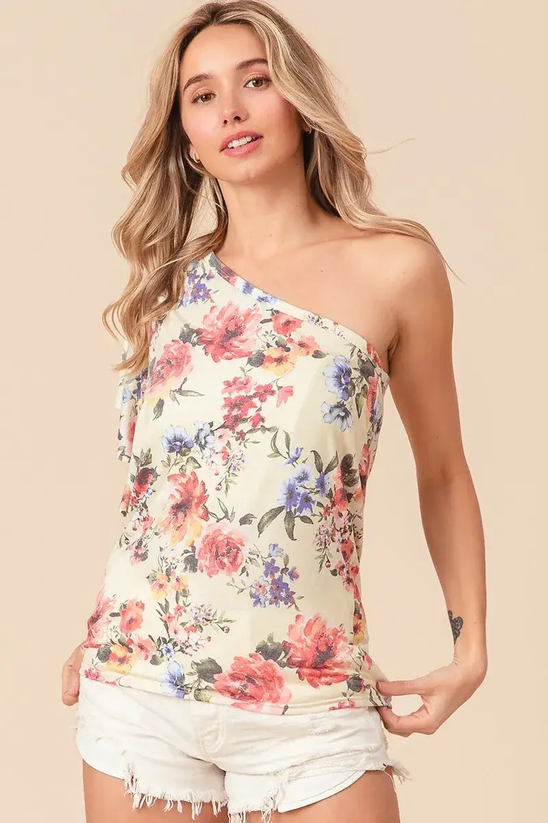BiBi Floral Printed Jersey Knit Ruffle Sleeve Top