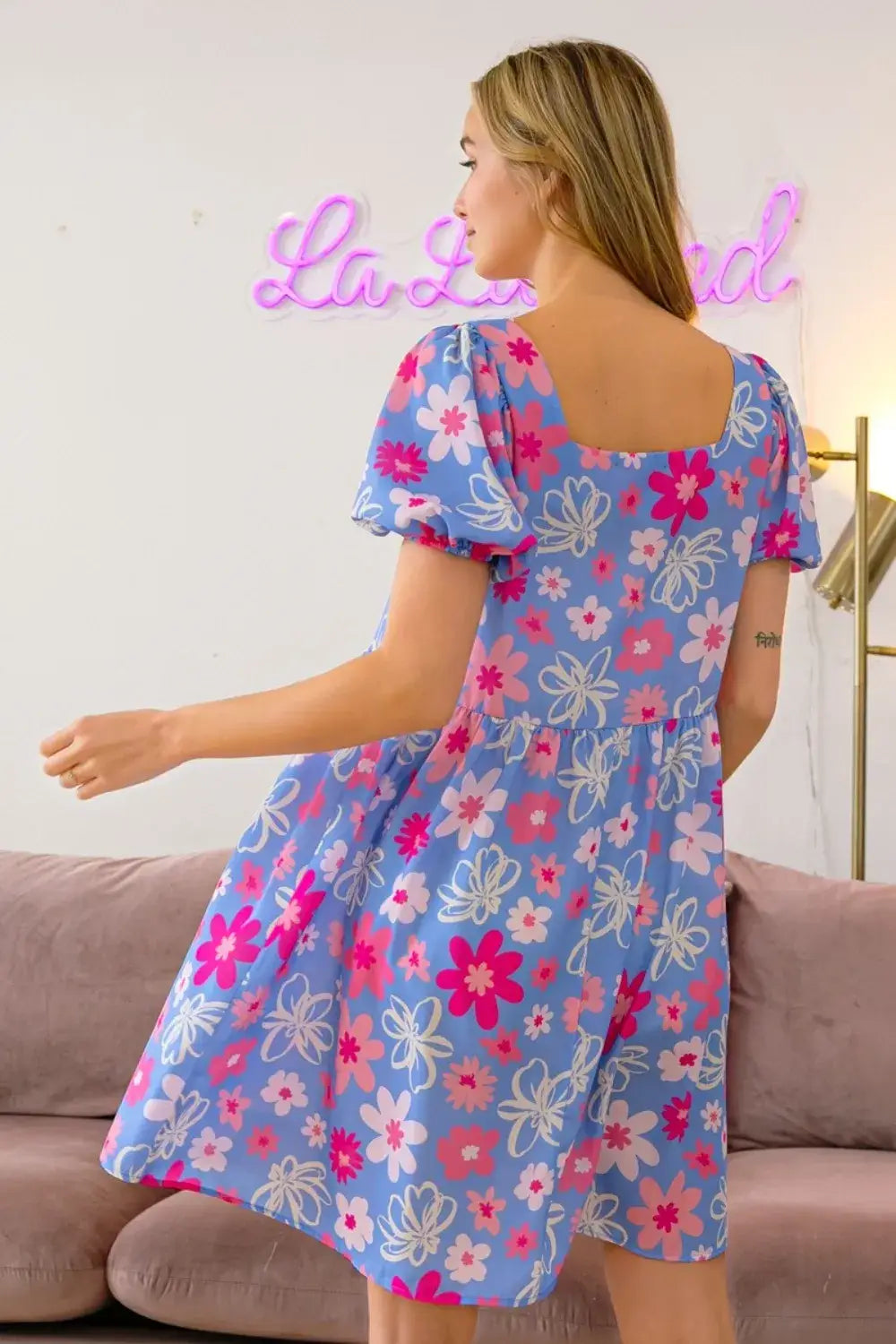 Blue floral puff sleeve mini dress with square neckline from BiBi Floral Puff Sleeve Mini Dress