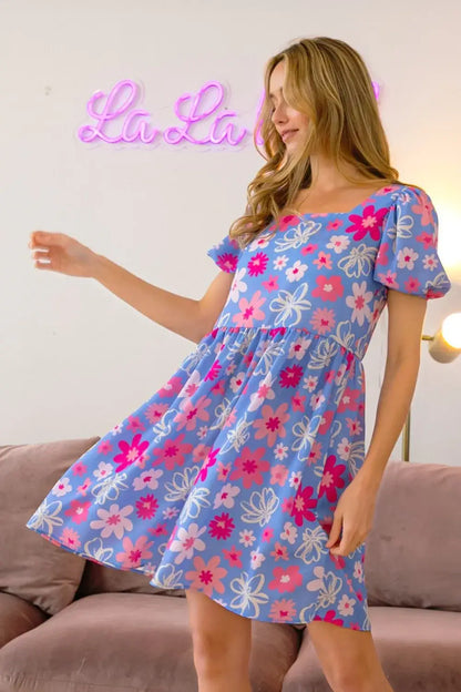 Periwinkle blue floral puff sleeve mini dress with puffed sleeves from BiBi Floral Puff Sleeve Mini Dress