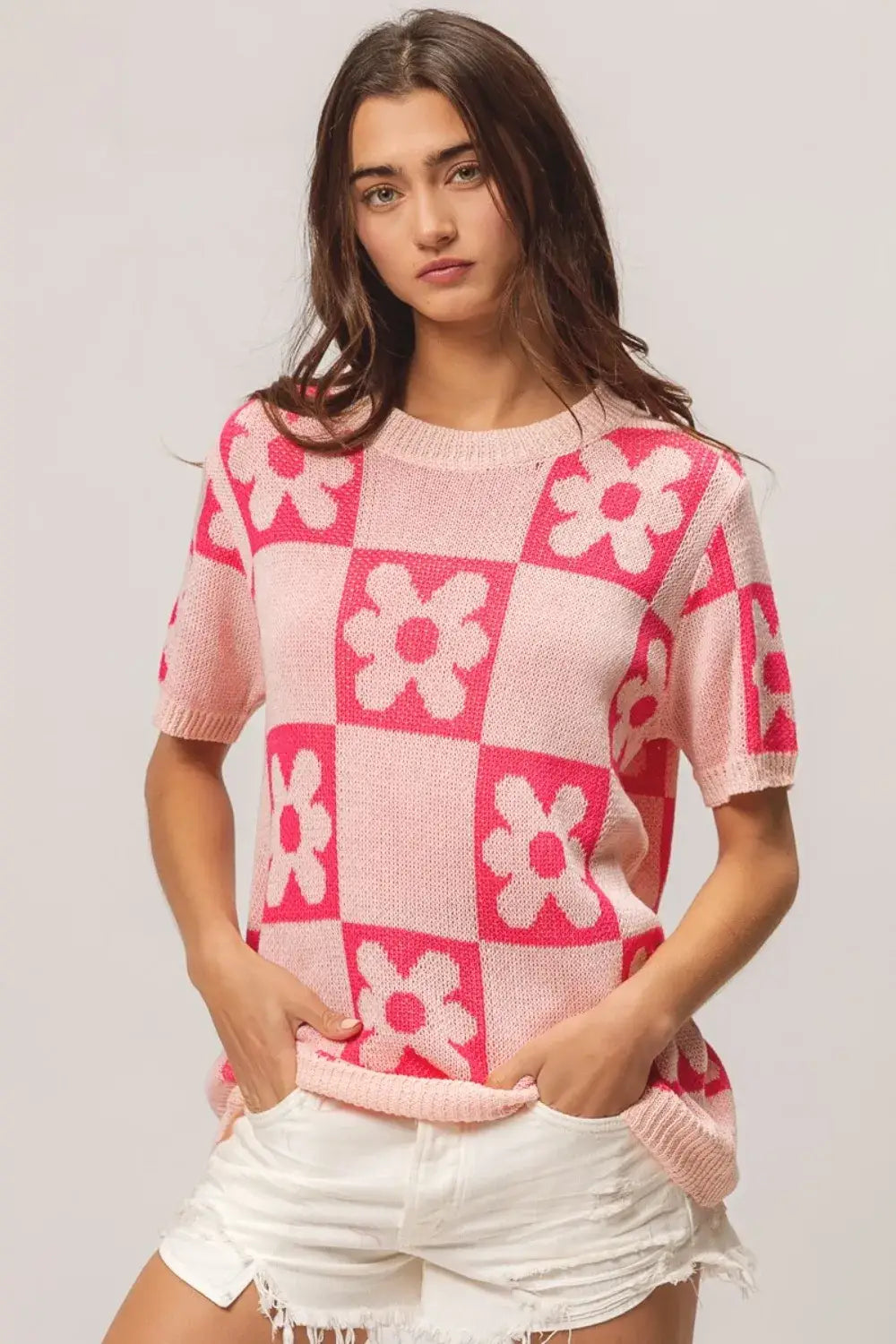 BiBi Flower Checker Pattern Short Sleeve Sweater - Blush/Fuchsia / S
