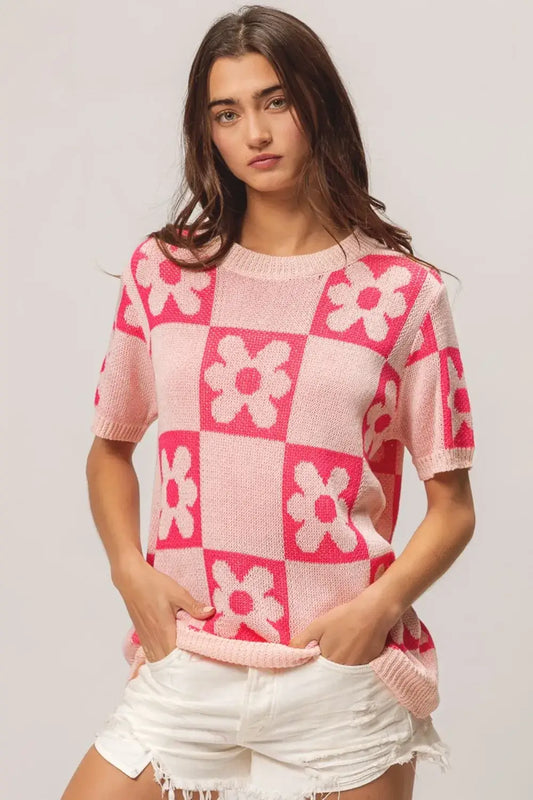 BiBi Flower Checker Pattern Short Sleeve Sweater - Blush/Fuchsia / S