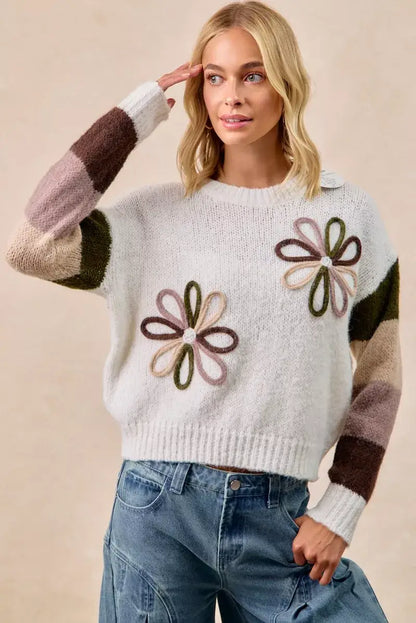 BiBi Flower Color Block Sweater - Block Sweater