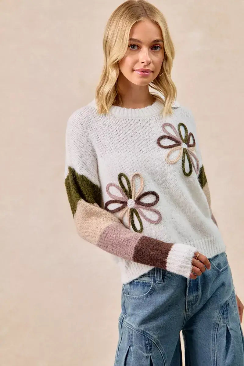 BiBi Flower Color Block Sweater - Block Sweater