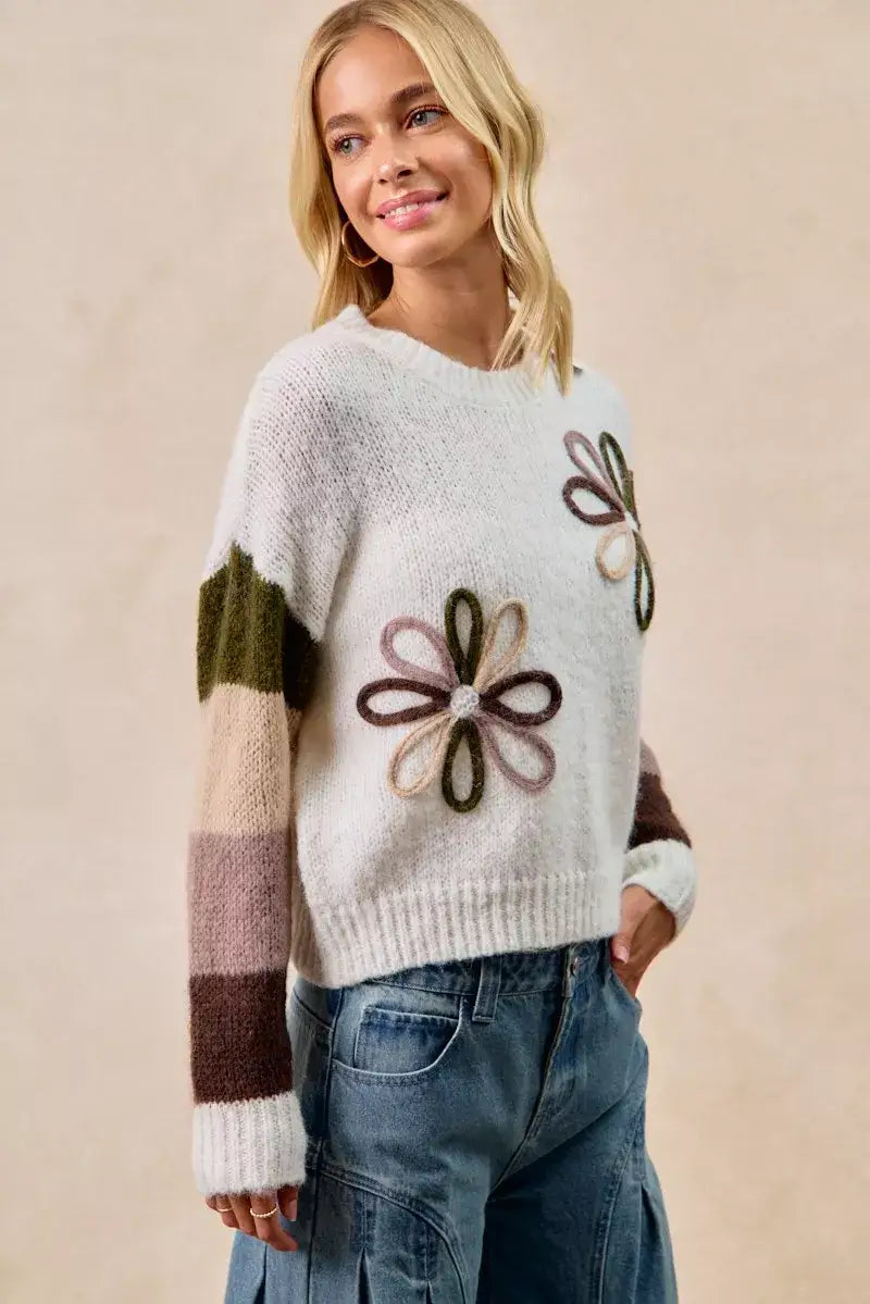 BiBi Flower Color Block Sweater - Block Sweater