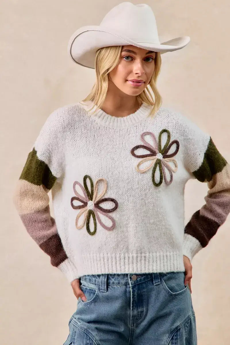 BiBi Flower Color Block Sweater - Block Sweater