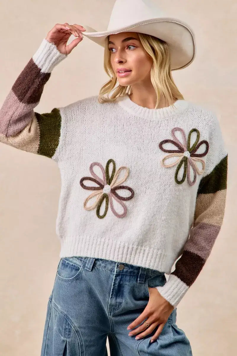 BiBi Flower Color Block Sweater - Block Sweater