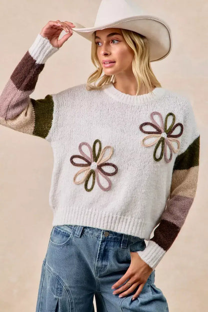 BiBi Flower Color Block Sweater - Block Sweater