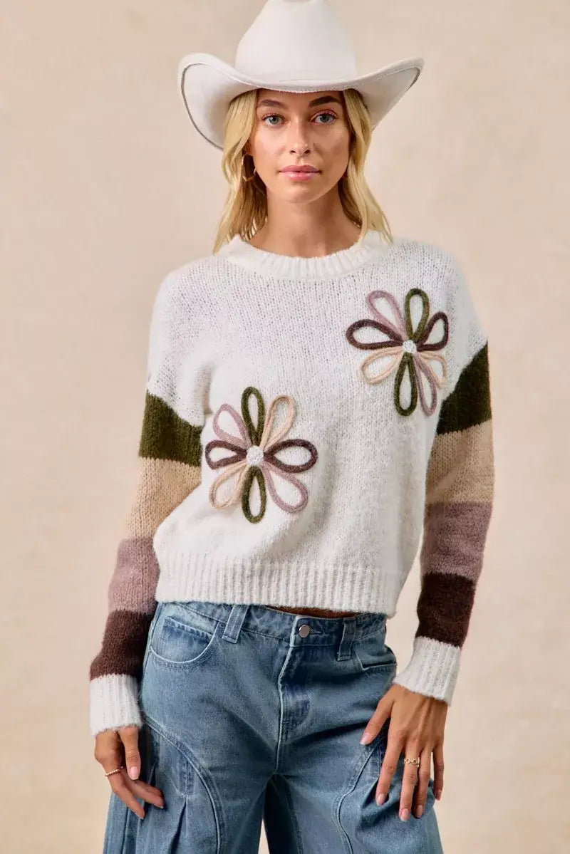 BiBi Flower Color Block Sweater - Block Sweater