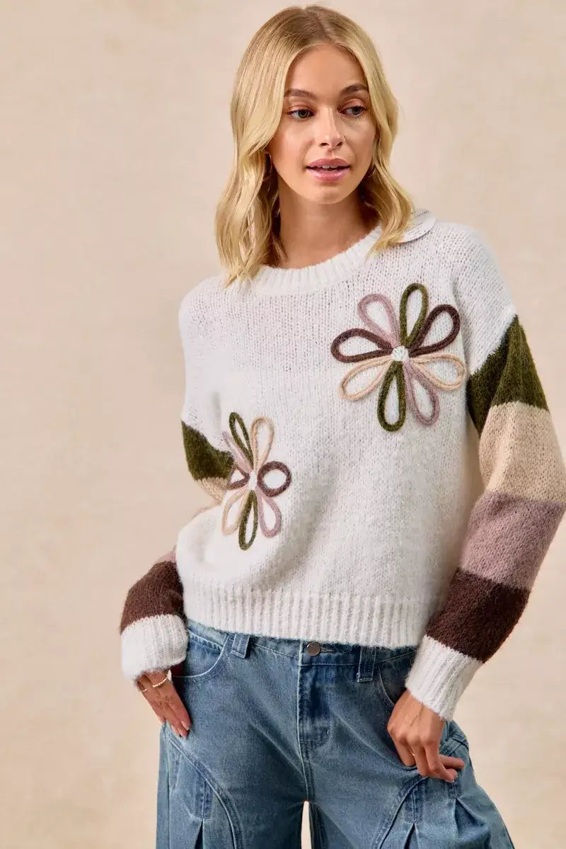 BiBi Flower Color Block Sweater - Block Sweater