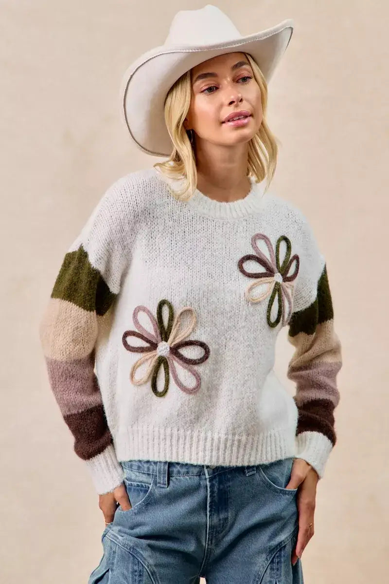 BiBi Flower Color Block Sweater - Block Sweater