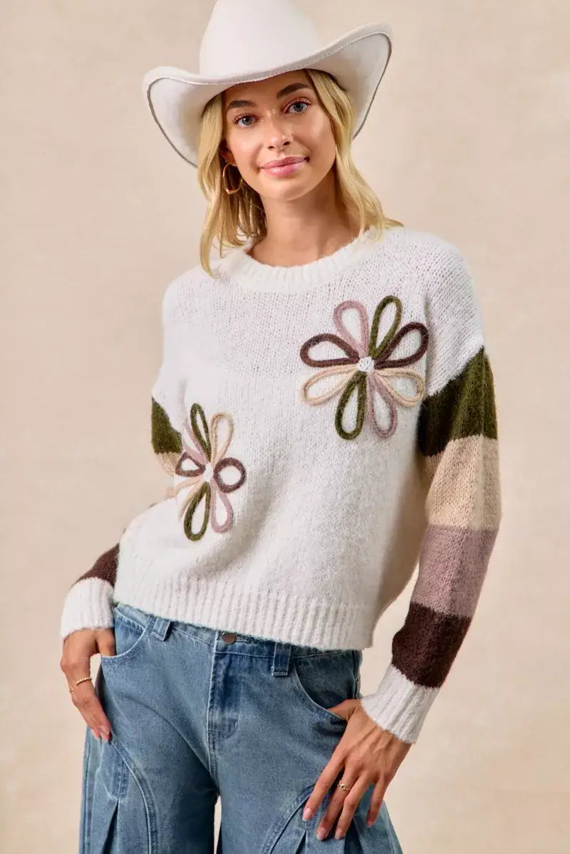 BiBi Flower Color Block Sweater - Block Sweater