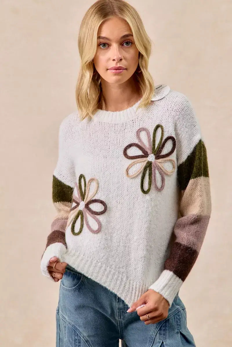 BiBi Flower Color Block Sweater - IVORY COMBO / S - Block Sweater