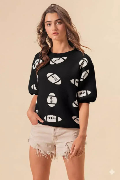 BiBi Football Pattern Short Sleeve Sweater - Short Sleeve Sweater