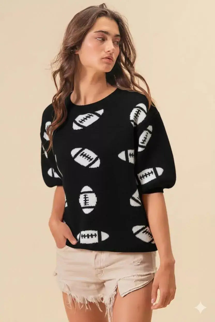 BiBi Football Pattern Short Sleeve Sweater - BLACK/IVORY / S - Short Sleeve Sweater