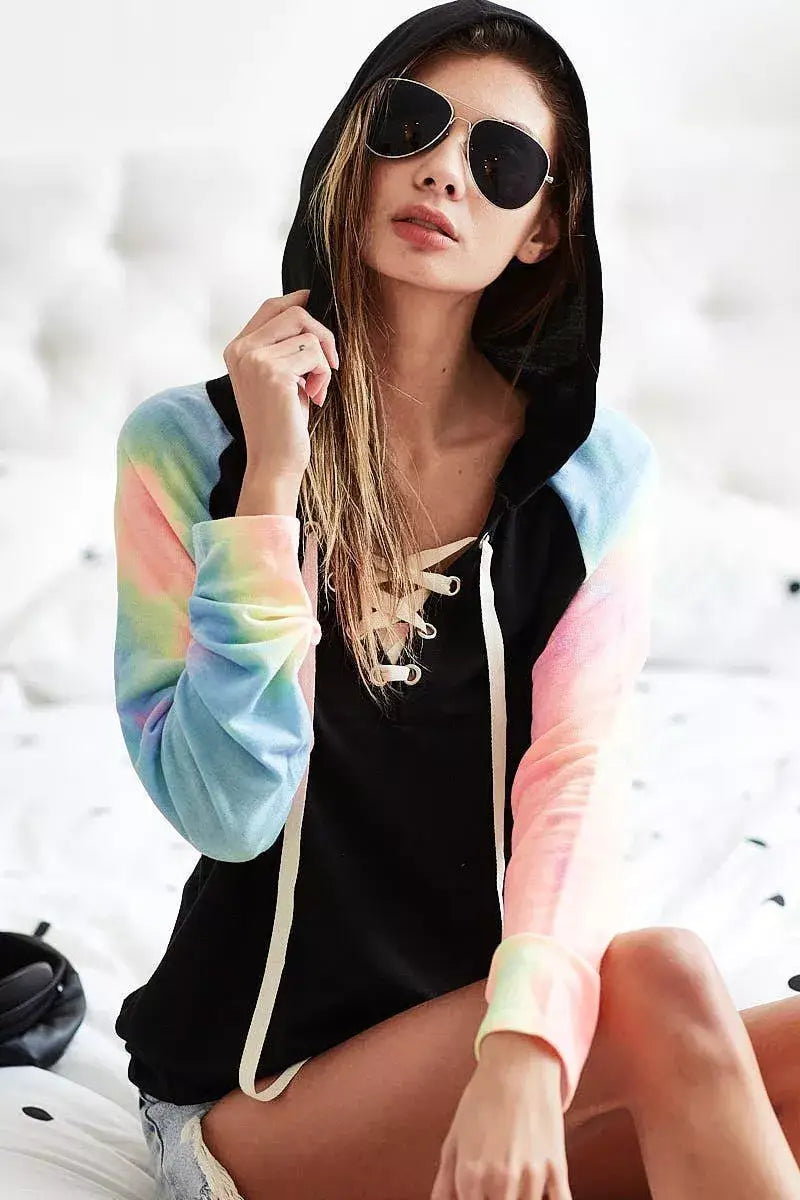 BiBi French Terry Lace Up Hoodie With Tie Dye Sleeves