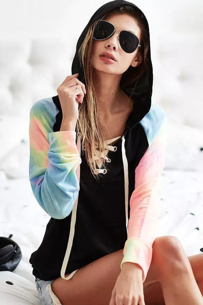 BiBi French Terry Lace Up Hoodie With Tie Dye Sleeves