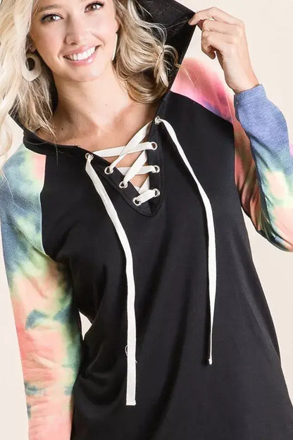 BiBi French Terry Lace Up Hoodie With Tie Dye Sleeves