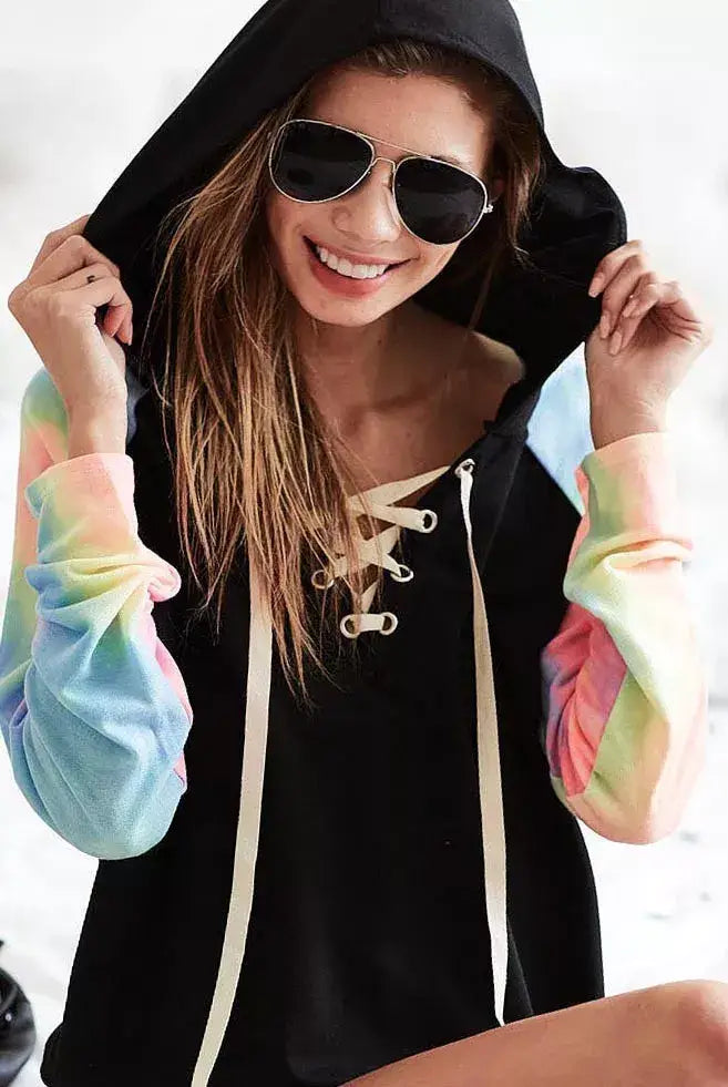 BiBi French Terry Lace Up Hoodie With Tie Dye Sleeves