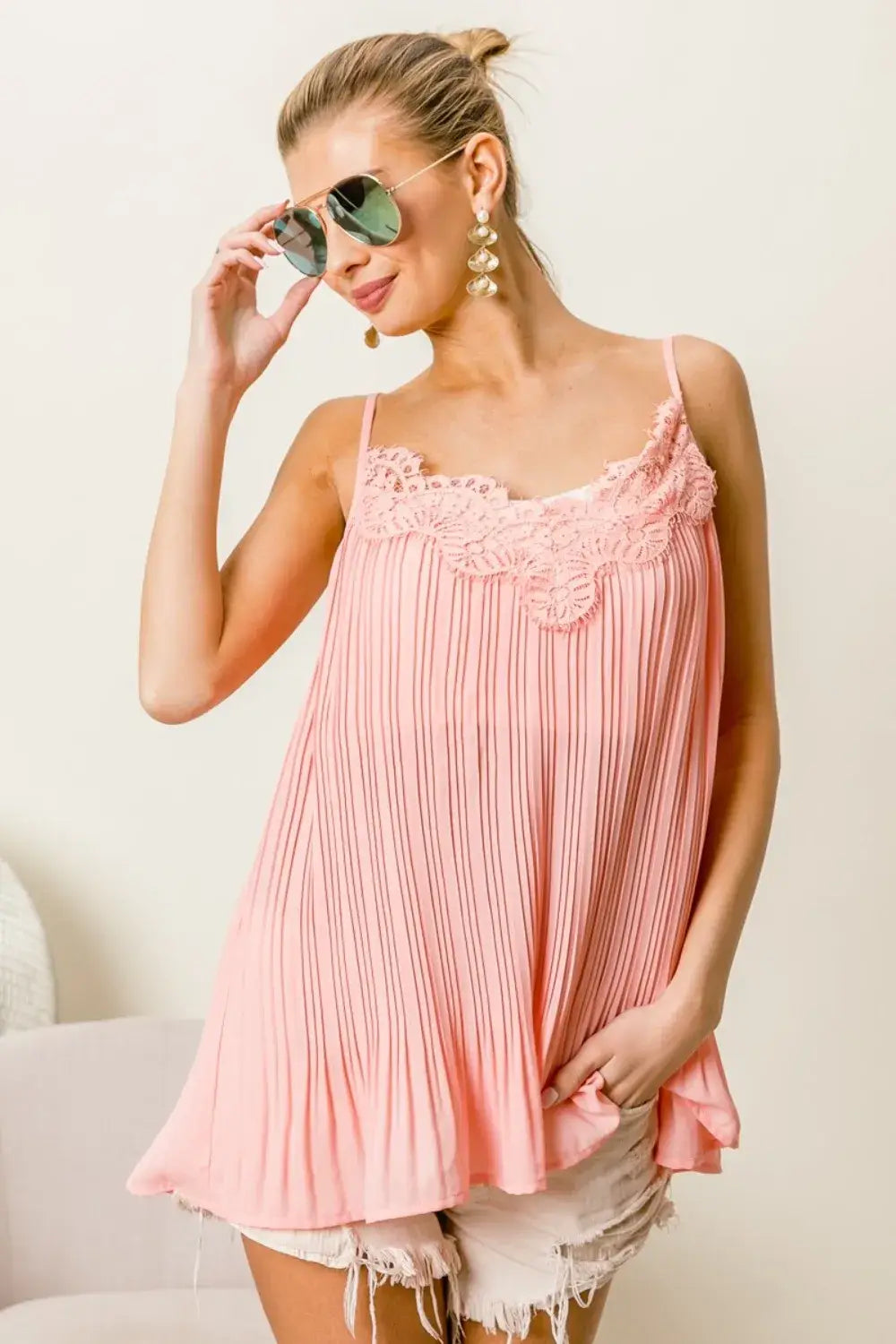 BiBi Front Lace Detailed Pleated Chiffon Cami - Blush / S