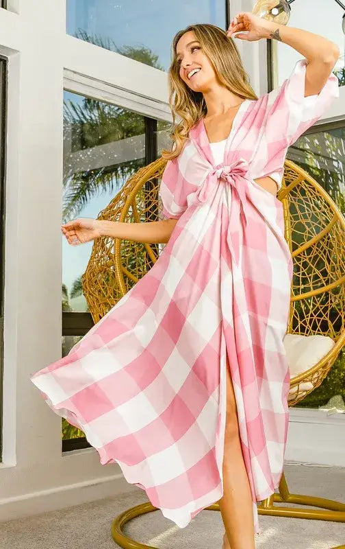 BiBi Front Tied Puff Sleeve Checkered Dress with Cut Out Detail - Puff Sleeve Checkered Dress
