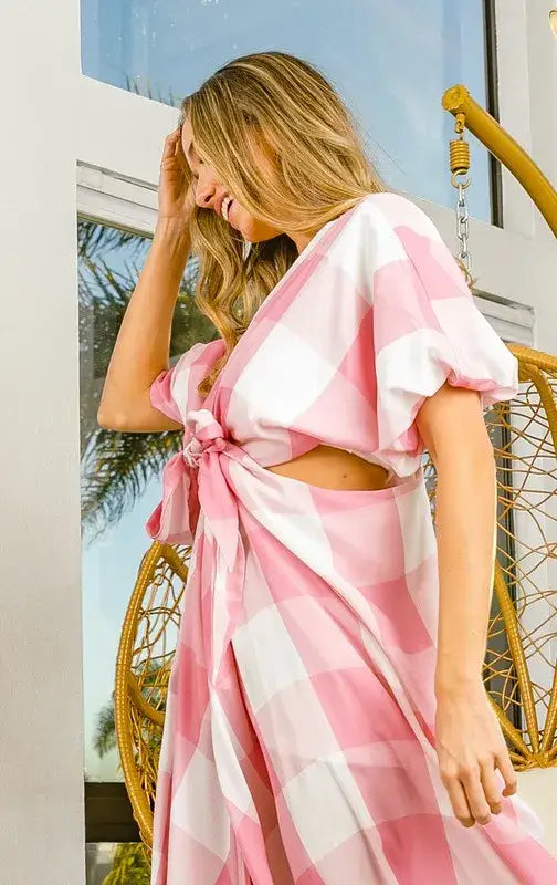 BiBi Front Tied Puff Sleeve Checkered Dress with Cut Out Detail - Puff Sleeve Checkered Dress