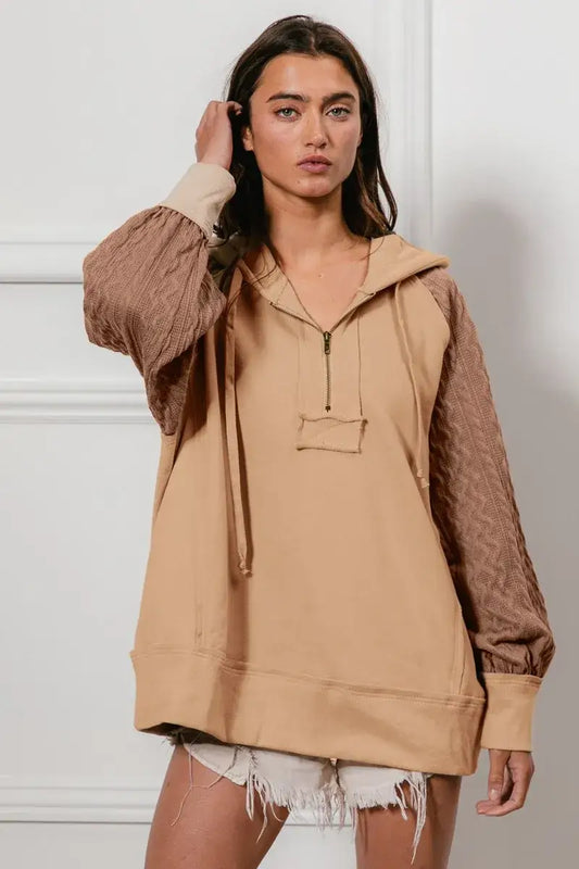 BiBi Half Zip French Terry Hoodie with Kint Sleeves - TAUPE / S