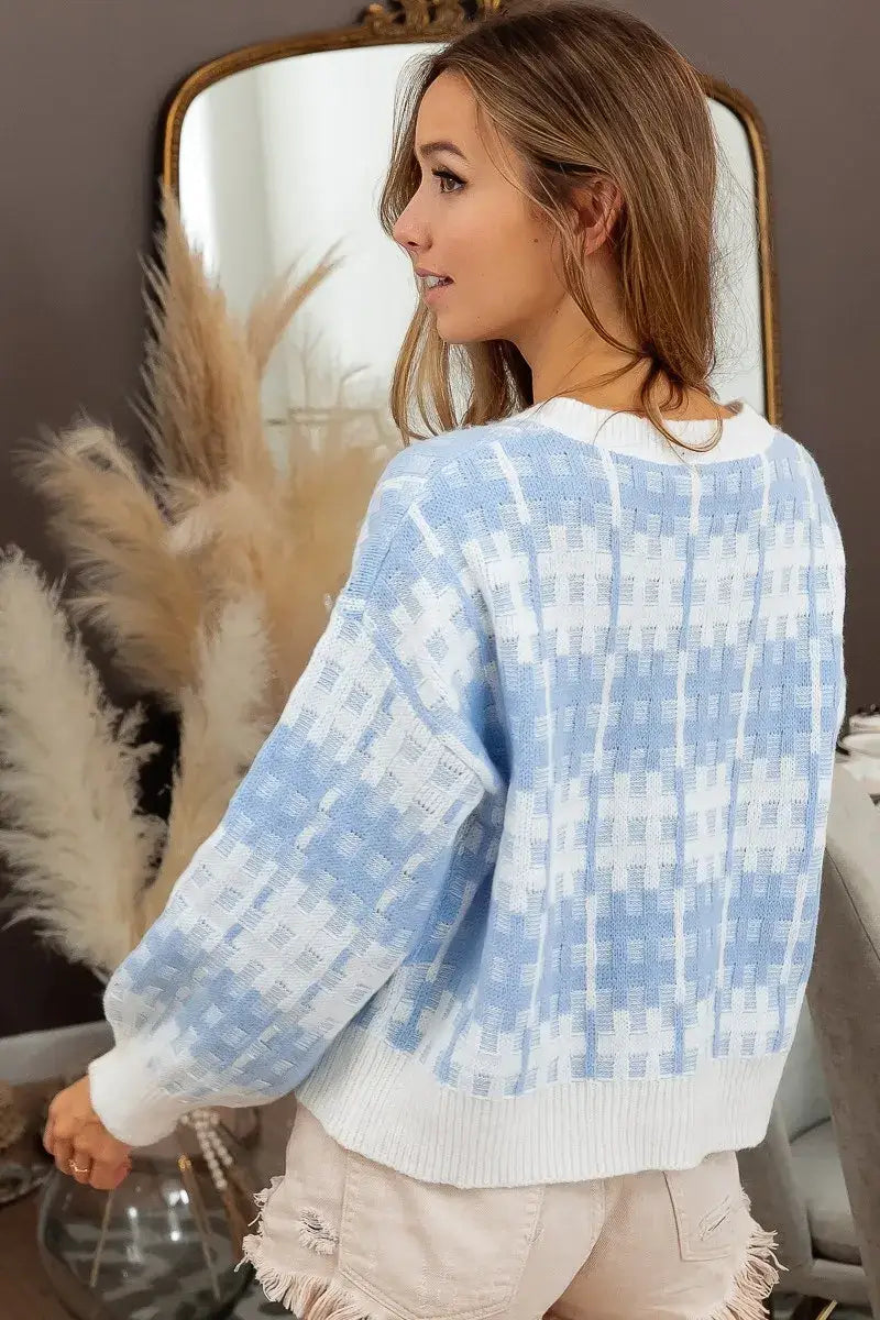 BiBi Hashtag Grid Textured V-Neck Sweater