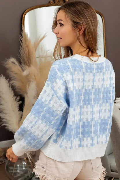 BiBi Hashtag Grid Textured V-Neck Sweater