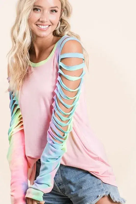 BiBi Jersey Knit Top with Tie Dye Laser Cut Sleeves