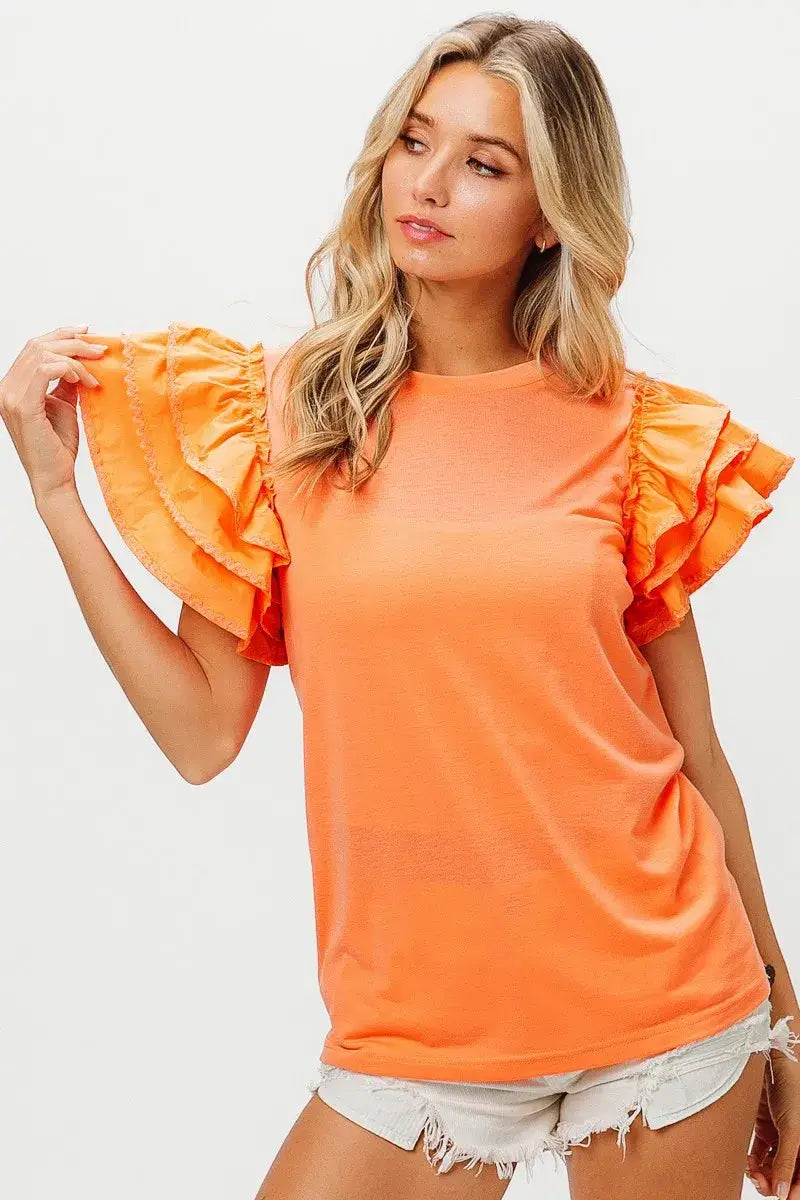 BiBi Knit Top Woven Ruffle Tiered Sleeves