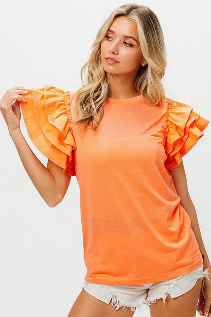 BiBi Knit Top Woven Ruffle Tiered Sleeves