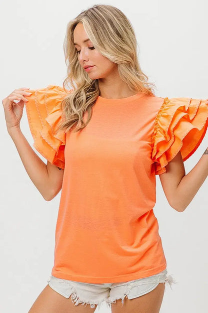 BiBi Knit Top Woven Ruffle Tiered Sleeves