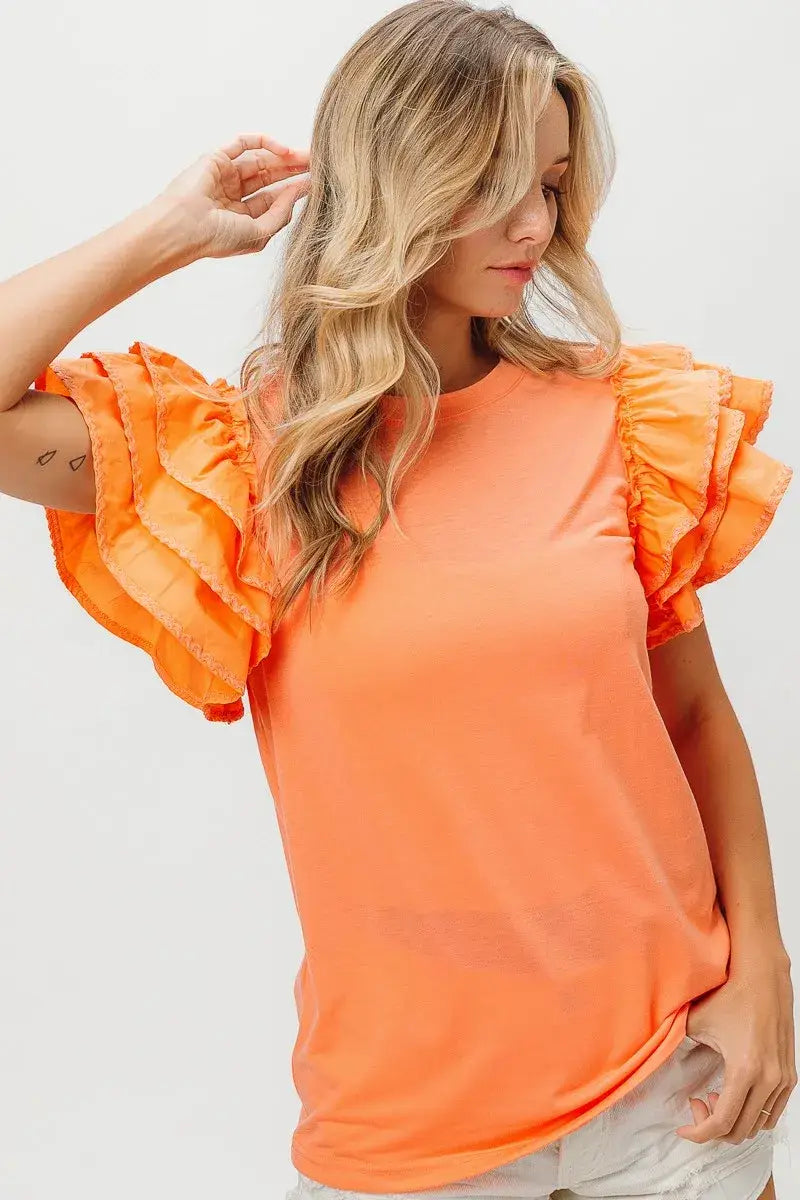 BiBi Knit Top Woven Ruffle Tiered Sleeves