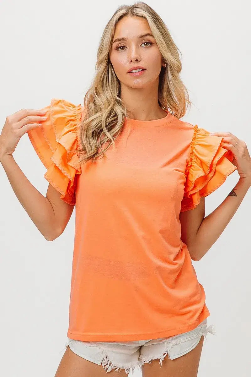 BiBi Knit Top Woven Ruffle Tiered Sleeves