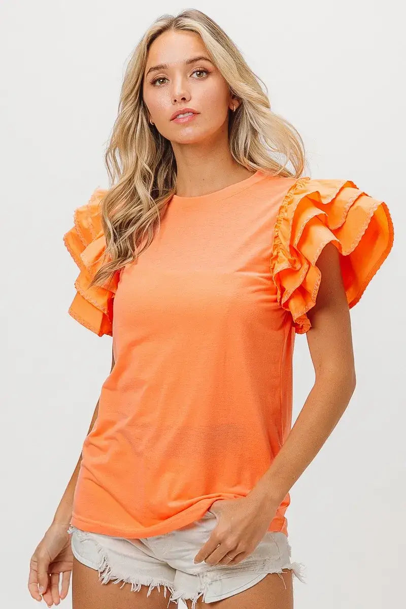BiBi Knit Top Woven Ruffle Tiered Sleeves