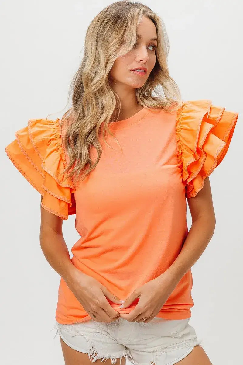 BiBi Knit Top Woven Ruffle Tiered Sleeves - APRICOT / S