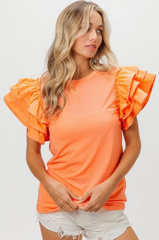 BiBi Knit Top Woven Ruffle Tiered Sleeves - APRICOT / S
