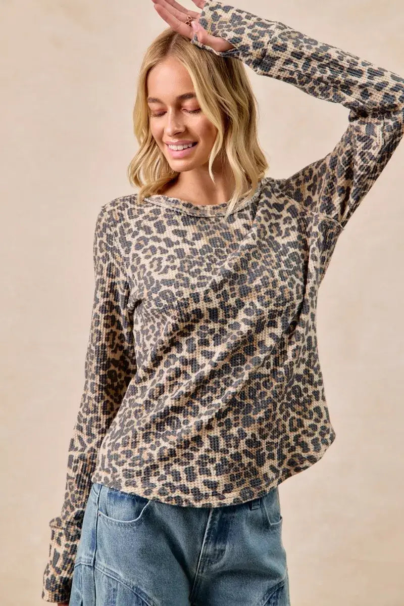 BiBi Leopard Print Washed Waffle Thermal Top with Thumb