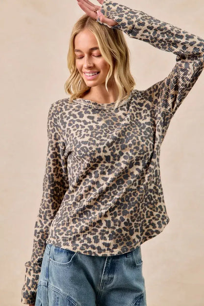 BiBi Leopard Print Washed Waffle Thermal Top with Thumb