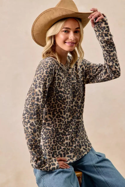 BiBi Leopard Print Washed Waffle Thermal Top with Thumb