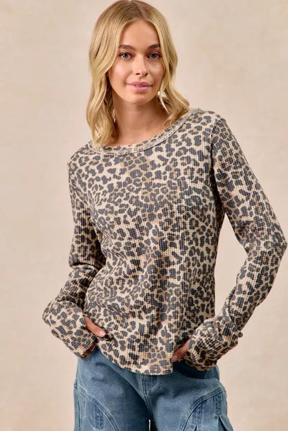 BiBi Leopard Print Washed Waffle Thermal Top with Thumb - LEOPARD / S