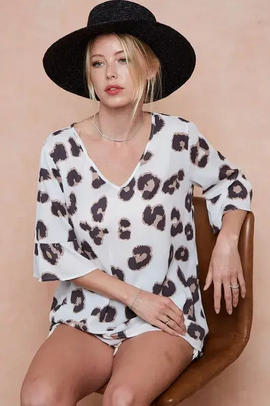 BiBi Leopard Printed V Neck Woven Top with Ruffled