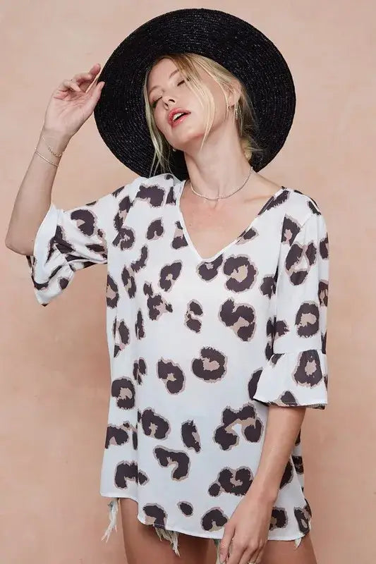 BiBi Leopard Printed V Neck Woven Top with Ruffled