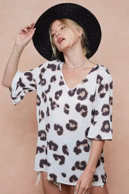 BiBi Leopard Printed V Neck Woven Top with Ruffled