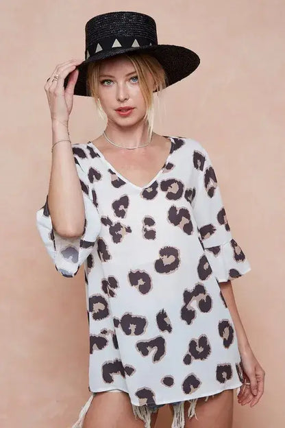 BiBi Leopard Printed V Neck Woven Top with Ruffled