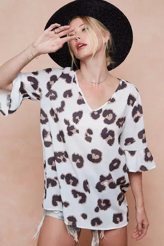 BiBi Leopard Printed V Neck Woven Top with Ruffled
