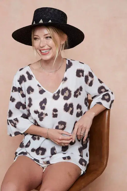 BiBi Leopard Printed V Neck Woven Top with Ruffled